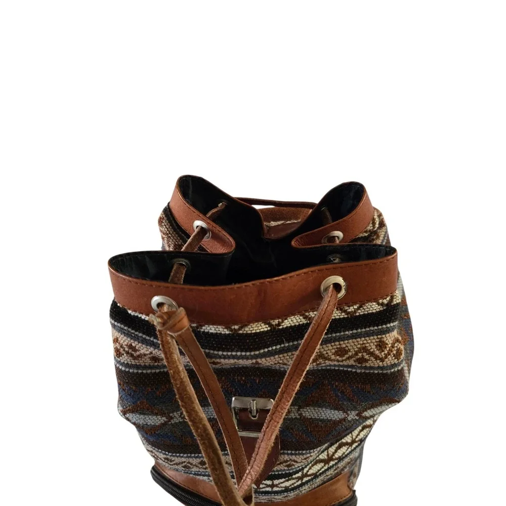 Womens Backpack Aztec Canvas Suede‎ Leather Flap Over Buckle Adjustable Brown